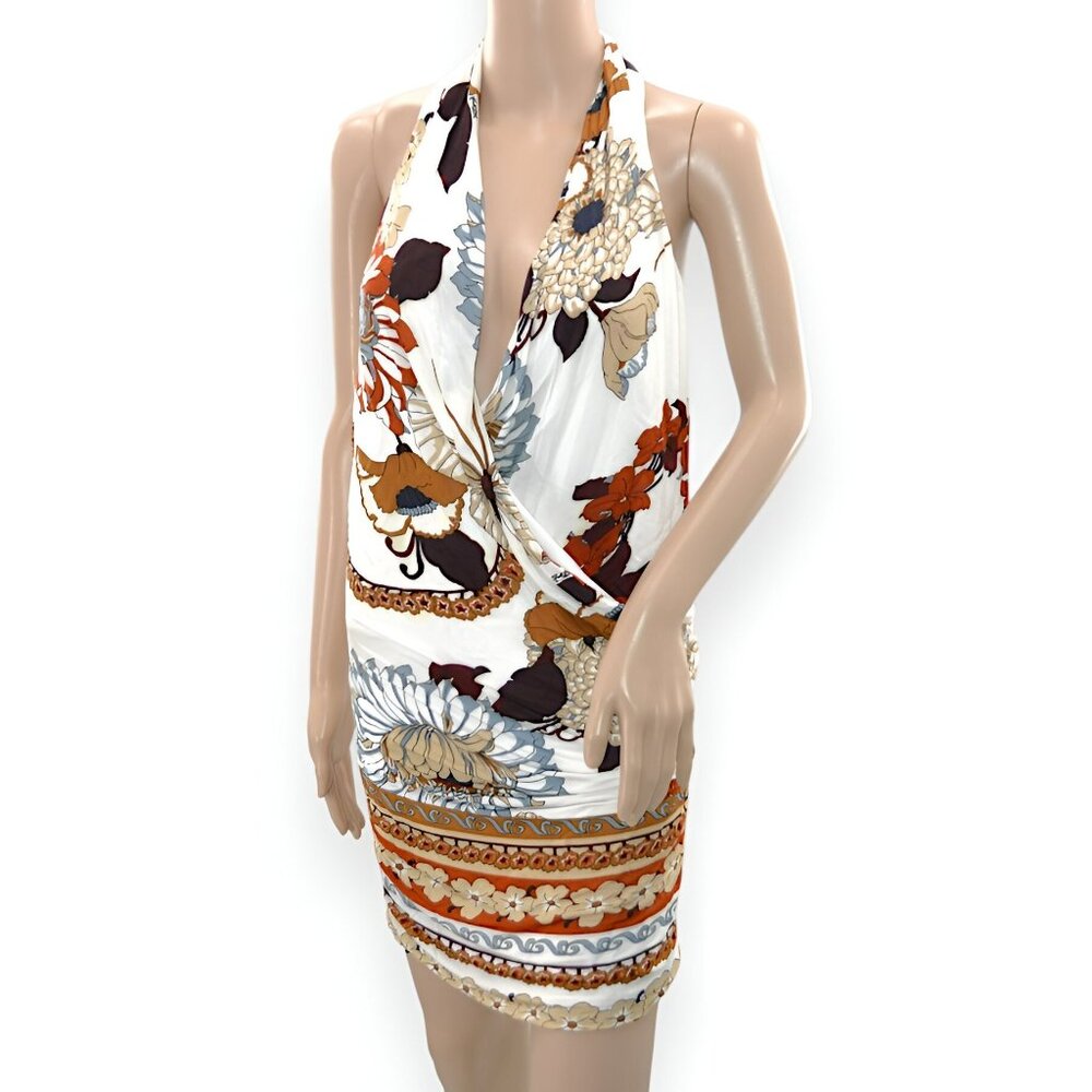 Hale Bob BLEMISHED White Stretchy Plunge Drape Front Halter Mini Bodycon Dress S